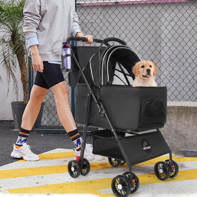 Carriola para mascotas negra WN'S DAY de cuatro ruedas con cubierta de malla, transportadora desmontable con asas y canasta de almacenaje inferior, plegable para paseos y viajes con perros y gatos, foto 2 de 7