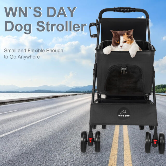 Carriola para mascotas negra WN'S DAY de cuatro ruedas con cubierta de malla, transportadora desmontable con asas y canasta de almacenaje inferior, plegable para paseos y viajes con perros y gatos, foto 3 de 7