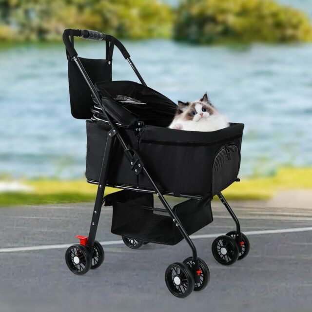 Carriola para mascotas negra WN'S DAY de cuatro ruedas con cubierta de malla, transportadora desmontable con asas y canasta de almacenaje inferior, plegable para paseos y viajes con perros y gatos, foto 7 de 7