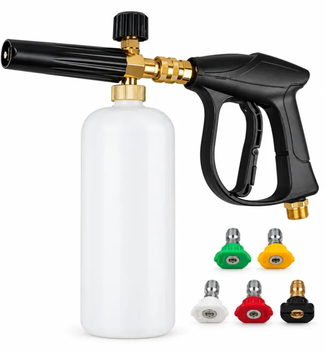 Pistola de lavado de alta presión con cañón de espuma 1 litro y 5 boquillas intercambiables para carro, moto, patio y hogar, foto 1 de 7