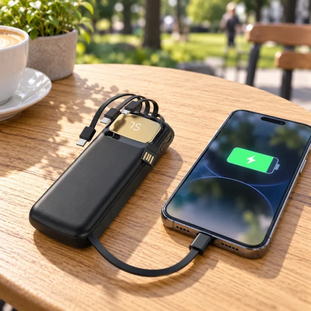 Power Bank 20000 mAh SF1158 con cable USB tipo C integrado, pantalla digital y carga rápida bidireccional para celular y dispositivos, foto 1 de 5