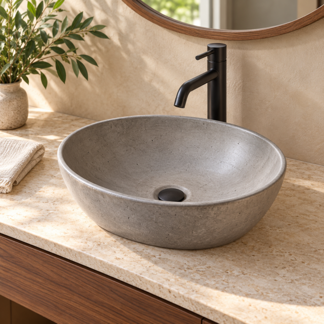 Lavamanos de concreto ovalado AION hecho a mano en Costa Rica, de 40 x 34 x 15 cm, con diseño de silueta alargada y curvas definidas, color personalizable, ideal para baños contemporáneos, foto 1 de 2