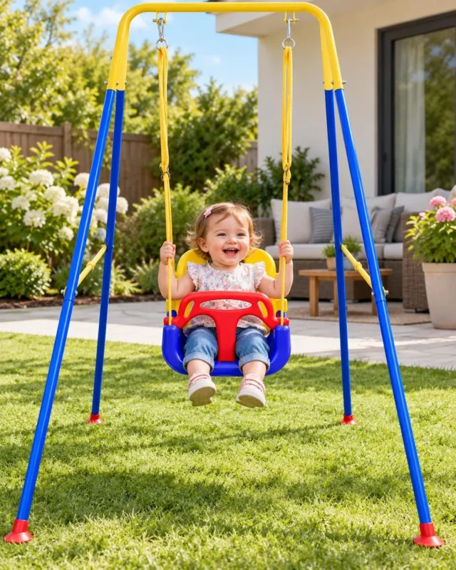 Columpio infantil 3 en 1 con hamaca para bebé, marco metálico plegable, fácil montaje y almacenamiento, para interiores y exteriores, foto 1 de 6