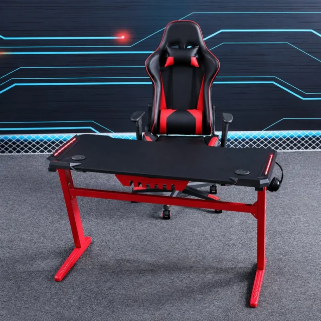 Escritorio gamer rojo y negro con marco metálico en Z, superficie amplia para monitor y periféricos, ideal para estaciones de juego, foto 1 de 6