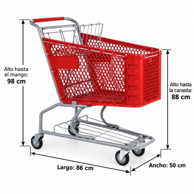 Carrito de compras de plástico rojo de 180 litros con estructura de metal plateada, canasta de 86 cm de largo y 50 cm de ancho, con compartimento inferior, para supermercados y compras grandes, foto 2 de 3