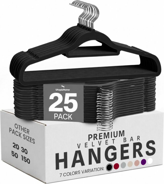 Juego de 25 perchas de terciopelo Utopia Home antideslizantes y delgadas, resistentes, con barra para corbata y gancho giratorio de 360 grados, que ahorran espacio y mantienen el closet ordenado, foto 1 de 7