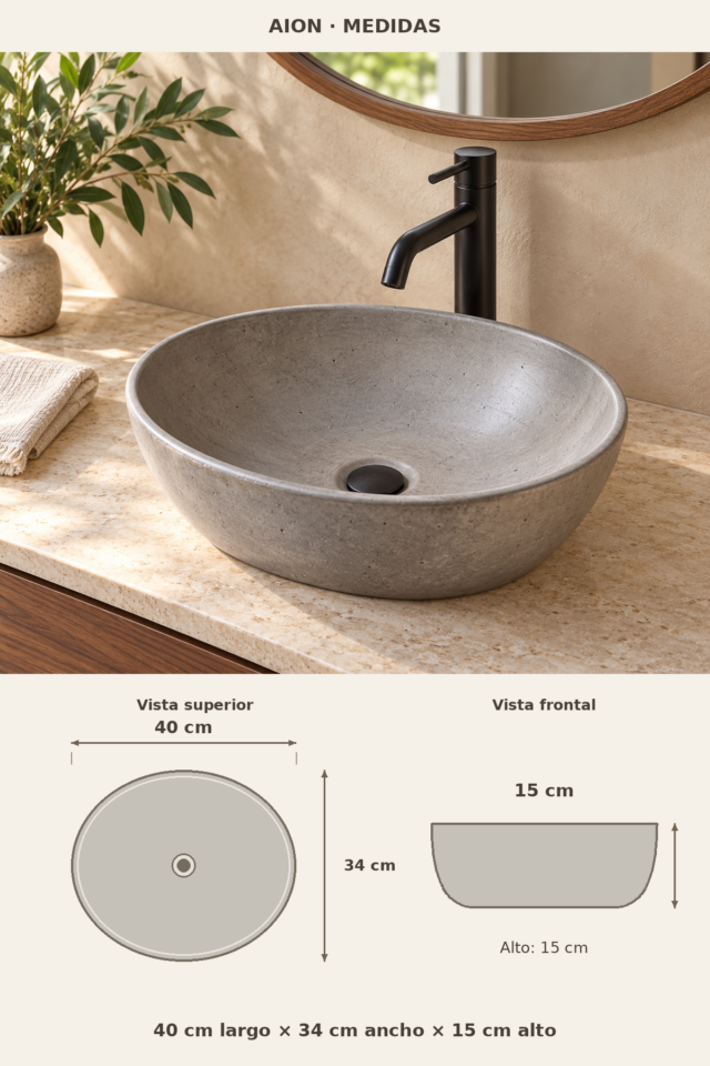 Lavamanos de concreto ovalado AION hecho a mano en Costa Rica, de 40 x 34 x 15 cm, con diseño de silueta alargada y curvas definidas, color personalizable, ideal para baños contemporáneos, foto 2 de 2