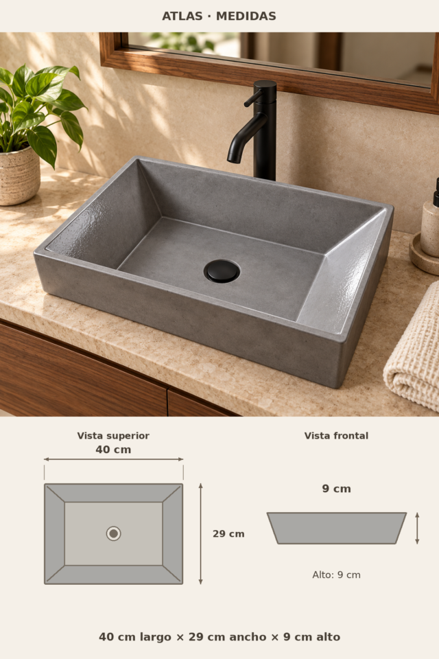 Lavamanos de concreto ATLAS de diseño rectangular en color gris, hecho a mano en Costa Rica, con medidas 40 x 29 x 9 cm para baños modernos y atemporales, con opción de color personalizado, foto 2 de 2