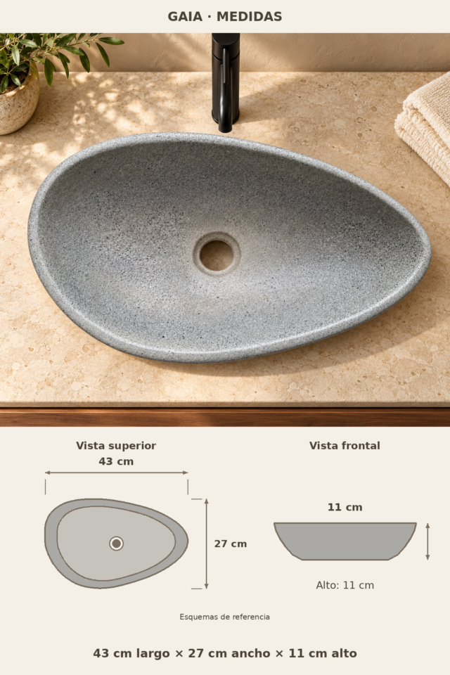Lavamanos de concreto GAIA de forma ovalada y acabado artesanal, hecho a mano en Costa Rica, medidas 43 x 27 x 11 cm, color personalizable, ideal para baños modernos y espacios contemporáneos, foto 2 de 2