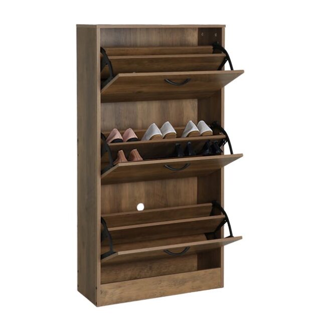 Zapatero VASAGLE de 3 puertas abatibles, 60 x 24 x 116 cm, madera de ingeniería color marrón, organizador moderno para entrada y recibidor, foto 3 de 3