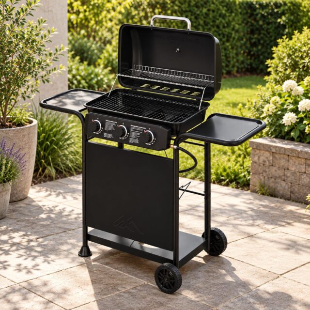 Parrilla a gas con 3 quemadores de 3kW, carrito móvil con ruedas, rejilla para parrilla y mesa auxiliar, foto 1 de 4