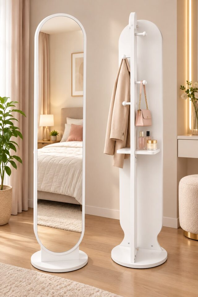 Estante giratorio de madera para sombreros con espejo de cuerpo entero independiente, ganchos para colgar prendas, medida 36 x 166 cm, moderno y decorativo. BLANCO, foto 1 de 4